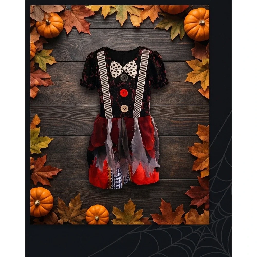 Kids Creepy Clown Halloween Costume Dress with Mini Top Hat Set Black Red Large